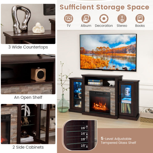 Fireplace TV Stand with 16-Color Led Lights for TVs up to 65 Inch-Dark Brown