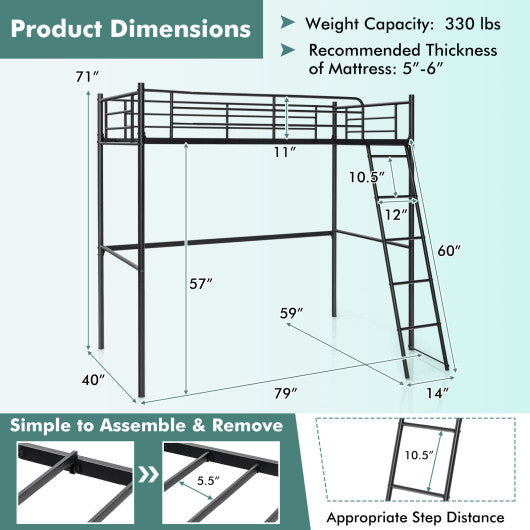 Twin Metal Loft Bed with Ladderand High Guard Rails