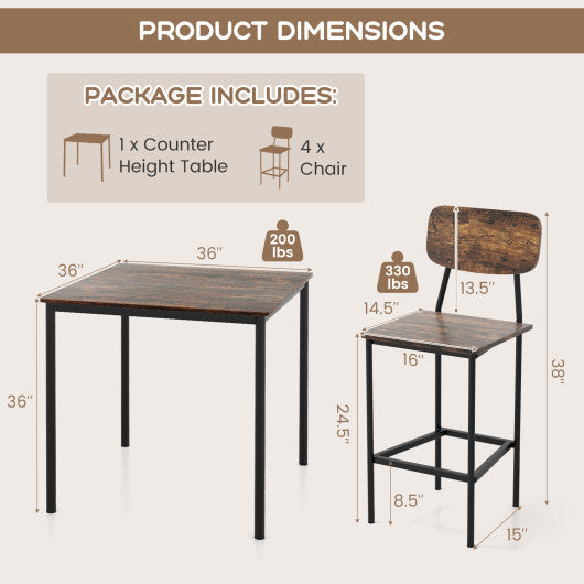5 Pieces Industrial Dining Table Set with Counter Height Table and 4 Bar Stools-Coffee