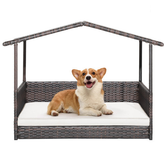 Outdoor Wicker Dog House with Weatherproof Roof-White