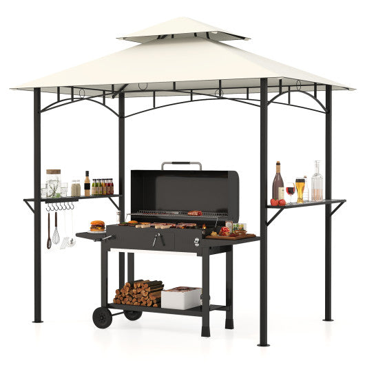 Outdoor Double-Tiered Grill Gazebo Canopy with 2 Shelves and 7 Hooks-Beige