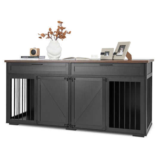 Double Dog Crate Furniture Large Breed Wood Dog Kennel with Room Divider-Black
