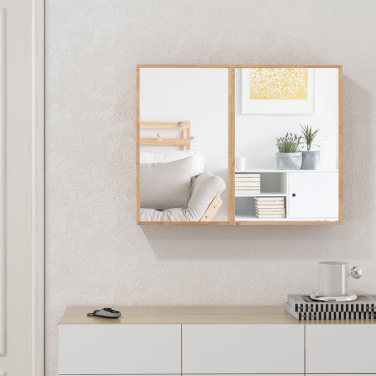 Double Door Bathroom Wall Cabinet with Mirror and Adjustable Shelves-Natural