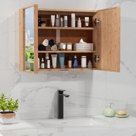 Double Door Bathroom Wall Cabinet with Mirror and Adjustable Shelves-Natural