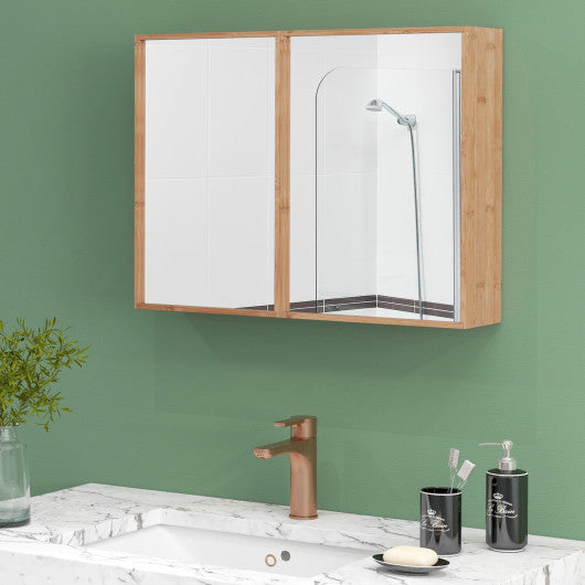 Double Door Bathroom Wall Cabinet with Mirror and Adjustable Shelves-Natural