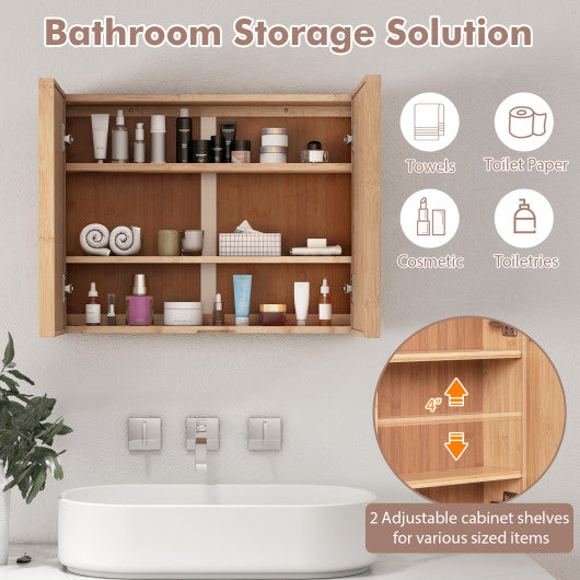 Double Door Bathroom Wall Cabinet with Mirror and Adjustable Shelves-Natural