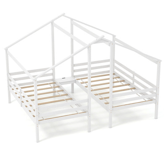 Double Twin Size Wooden Bed Frames with Built-in Table for Kids-White