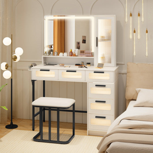 Makeup Vanity Dressing Table and Stool Set with Lights and Charging Station-White