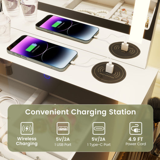 Makeup Vanity Dressing Table and Stool Set with Mirror and 3-Color LED Lights-White