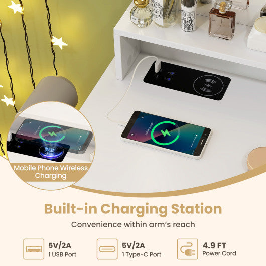 Makeup Vanity Dressing Table and Stool Set with Lights and Charging Station-White