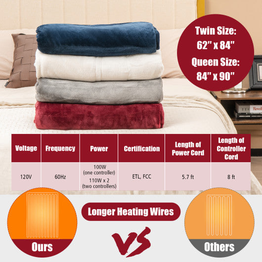 62 x 84 Inch Twin Size Electric Heated Throw Blanket with Timer-Red
