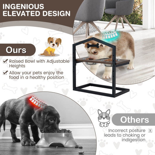 5 Heights Elevated Pet Feeder with 2 Detachable Stainless Steel Bowl-Brown