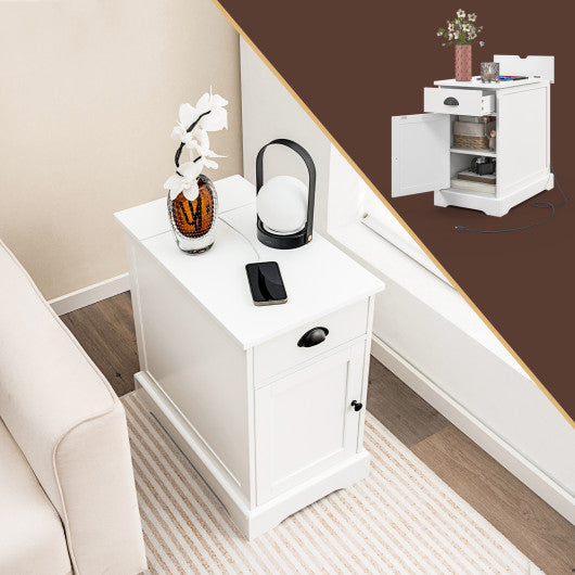 End Table with Charging Station and Flip Top-White