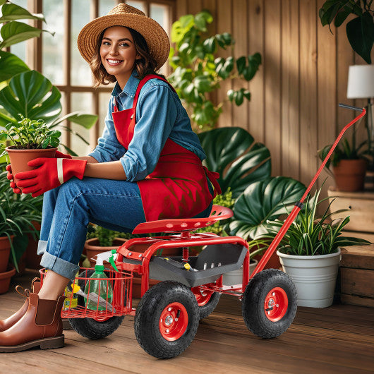 Extendable Handle Garden Cart Rolling Wagon Scooter-Red