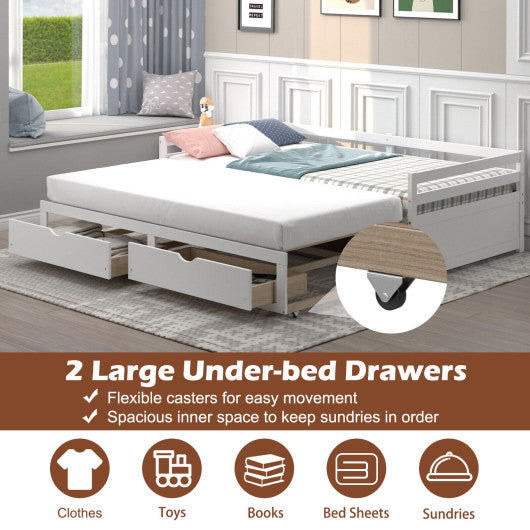 Extendable Twin to King Daybed with Trundle and 2 Storage Drawers-White
