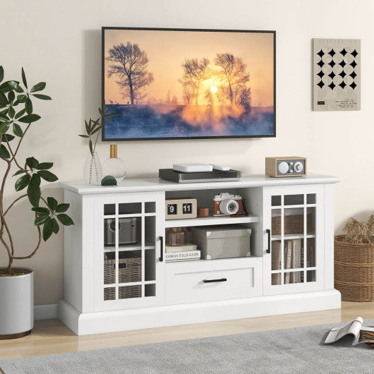 TV Stand for TVs up to 70 with Glass Doors Cubbies and Drawer-White