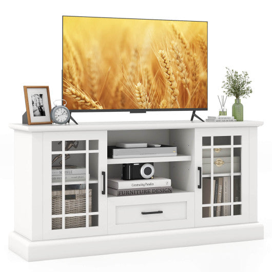 TV Stand for TVs up to 70 with Glass Doors Cubbies and Drawer-White