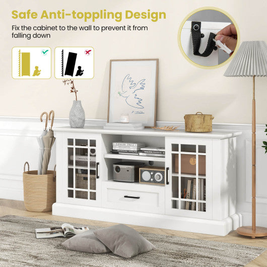 TV Stand for TVs up to 70 with Glass Doors Cubbies and Drawer-White