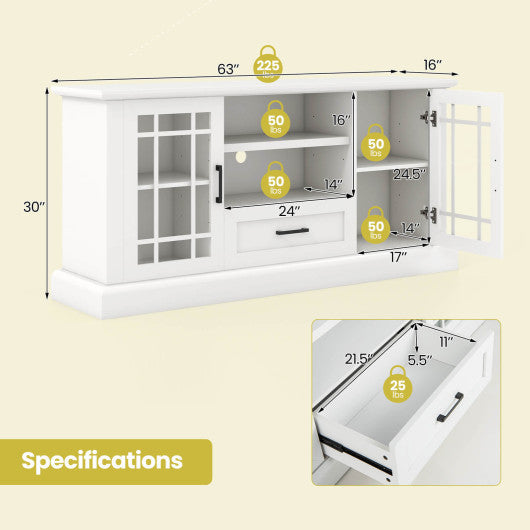TV Stand for TVs up to 70 with Glass Doors Cubbies and Drawer-White