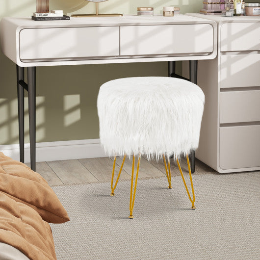 Faux Fur Vanity Stool Chair with Metal Legs for Bedroom and Living Room-White
