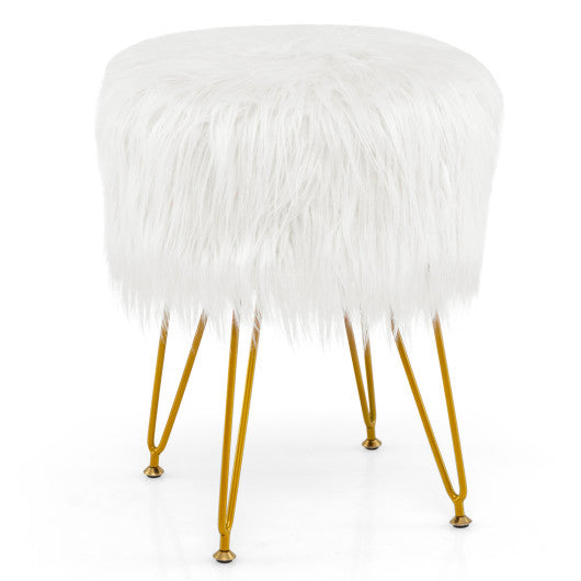 Faux Fur Vanity Stool Chair with Metal Legs for Bedroom and Living Room-White