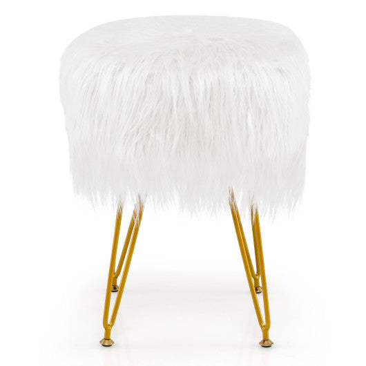 Faux Fur Vanity Stool Chair with Metal Legs for Bedroom and Living Room-White