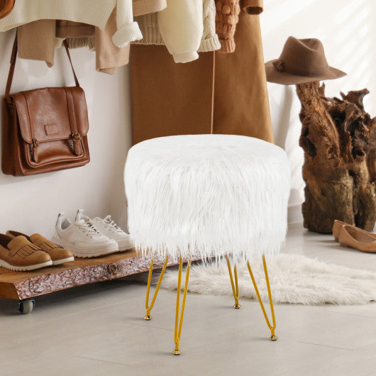 Faux Fur Vanity Stool Chair with Metal Legs for Bedroom and Living Room-White