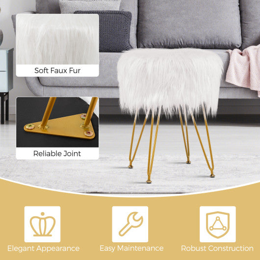 Faux Fur Vanity Stool Chair with Metal Legs for Bedroom and Living Room-White