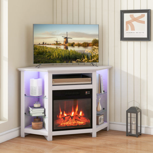 Fireplace Corner TV Stand with LED Lights and Smart APP Control for 50 Inches TV-White
