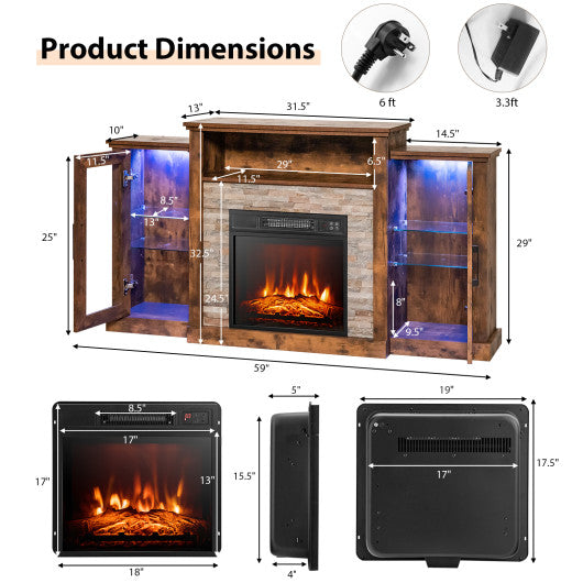 Fireplace TV Stand with 16-Color Led Lights for TVs up to 65 Inch-Brown