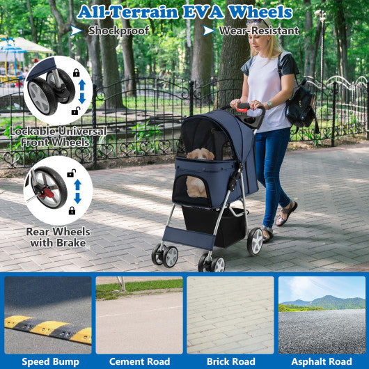 Folding Pet Stroller with Storage Basket and Adjustable Canopy-Navy