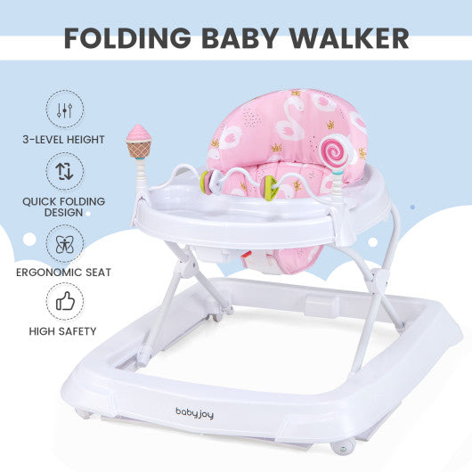 Foldable Baby Activity Walker with Adjustable Height and Detachable Seat Cushion-Pink