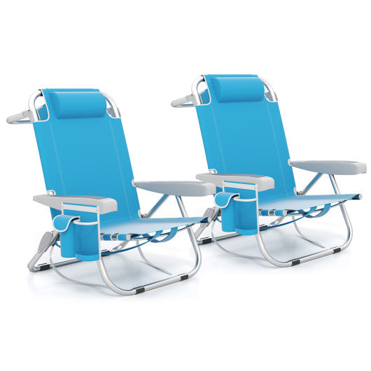 Foldable Backpack Beach Chair with Cup Holder and Storage Pockets Set of 2-Blue