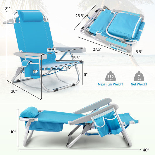 Foldable Backpack Beach Chair with Cup Holder and Storage Pockets Set of 2-Blue