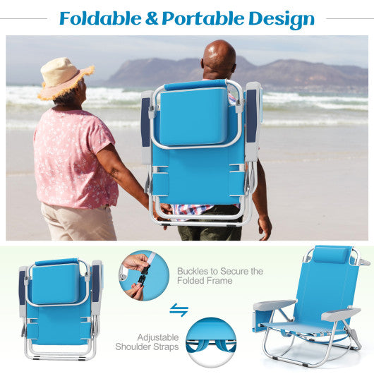 Foldable Backpack Beach Chair with Cup Holder and Storage Pockets Set of 2-Blue