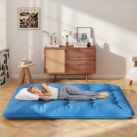 Foldable Futon Mattress with Washable Cover and Carry Bag for Camping Blue-Queen Size