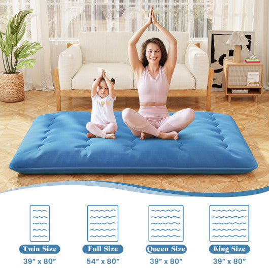 Foldable Futon Mattress with Washable Cover and Carry Bag for Camping Blue-Queen Size
