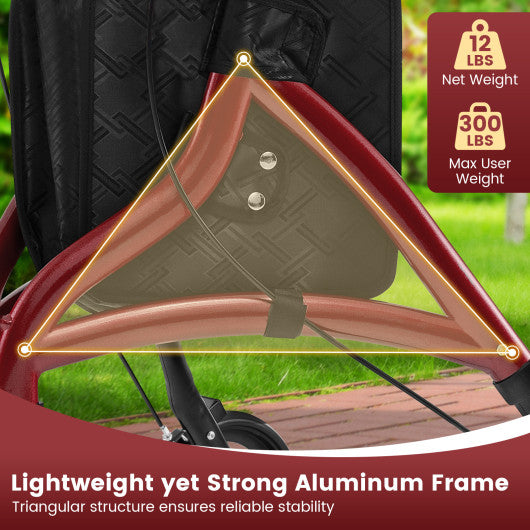 Foldable Rollator Walker with Lightweight Aluminum Frame-Red