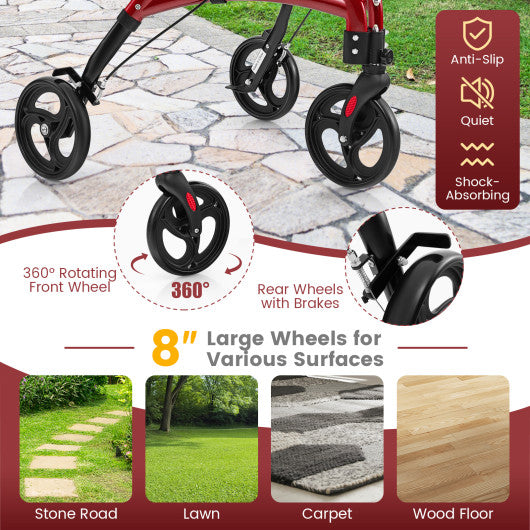 Foldable Rollator Walker with Lightweight Aluminum Frame-Red