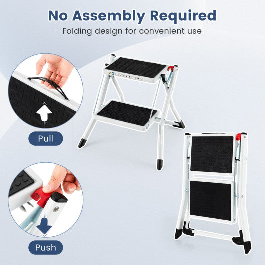 Folding 2 Step Ladder wiht Anti-Slip Pedal and Large Foot Pads-Black & White