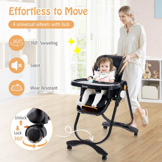 Folding Baby Dining High Chair with Adjustable Height and Recline-Black
