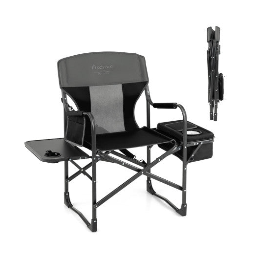 Folding Camping Directors Chair with Cooler Bag and Side Table-Black
