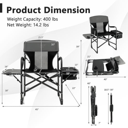 Folding Camping Directors Chair with Cooler Bag and Side Table-Black