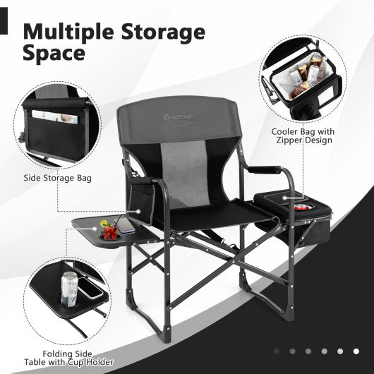 Folding Camping Directors Chair with Cooler Bag and Side Table-Black