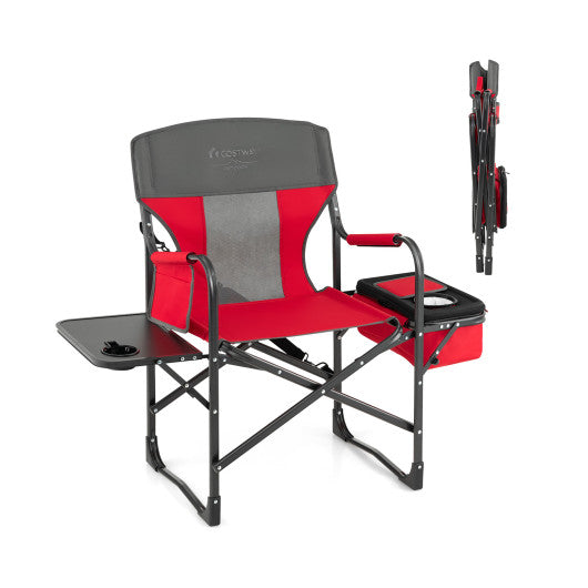 Folding Camping Directors Chair with Cooler Bag and Side Table-Red