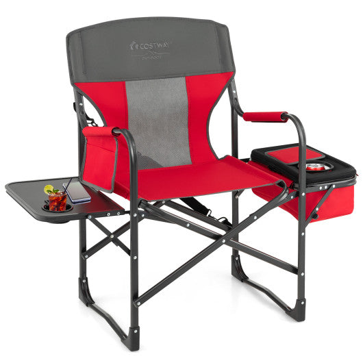 Folding Camping Directors Chair with Cooler Bag and Side Table-Red