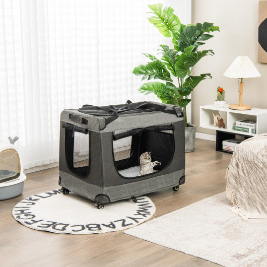 Portable Folding Dog Soft Crate Cat Carrier with 4 Lockable Wheels-XL