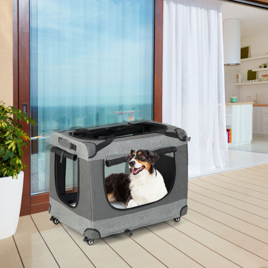 Portable Folding Dog Soft Crate Cat Carrier with 4 Lockable Wheels-XL