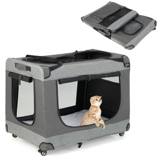 Portable Folding Dog Soft Crate Cat Carrier with 4 Lockable Wheels-XL