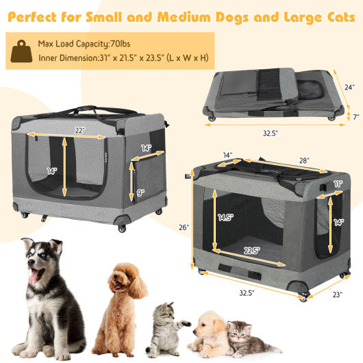 Portable Folding Dog Soft Crate Cat Carrier with 4 Lockable Wheels-XL